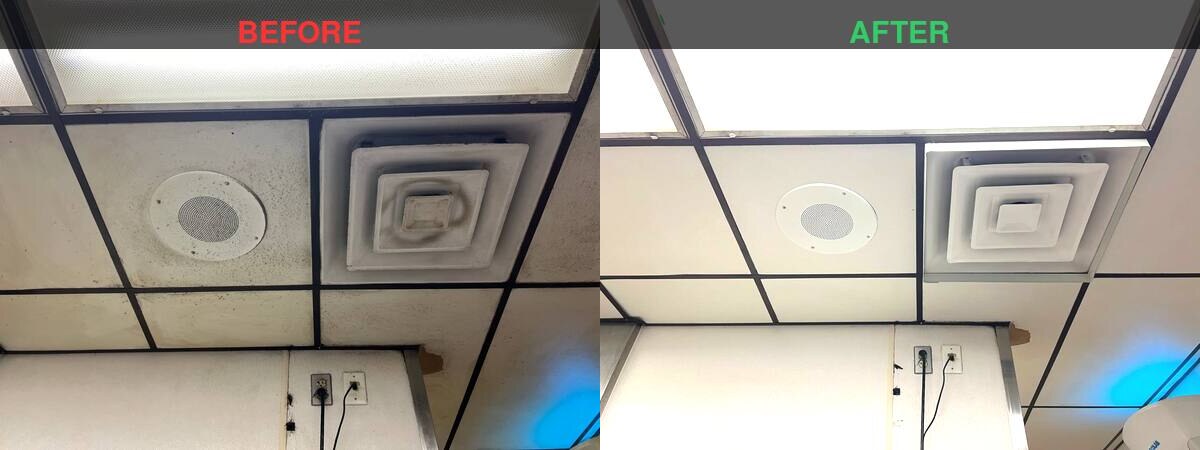 Restaurant ceiling tiles and diffuser before and after