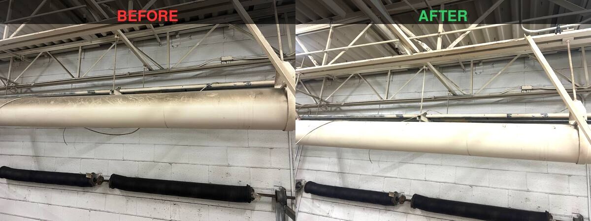 Warehouse trusses and duct before and after